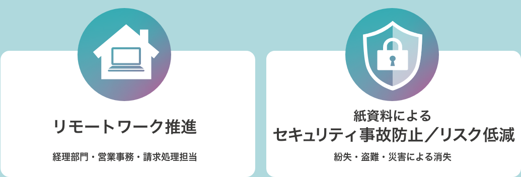 「リモートワーク推進：経理部門・営業事務・請求処理担当」「紙資料によるセキュリティ事故防止／リスク低減：紛失・盗難・災害による消失」