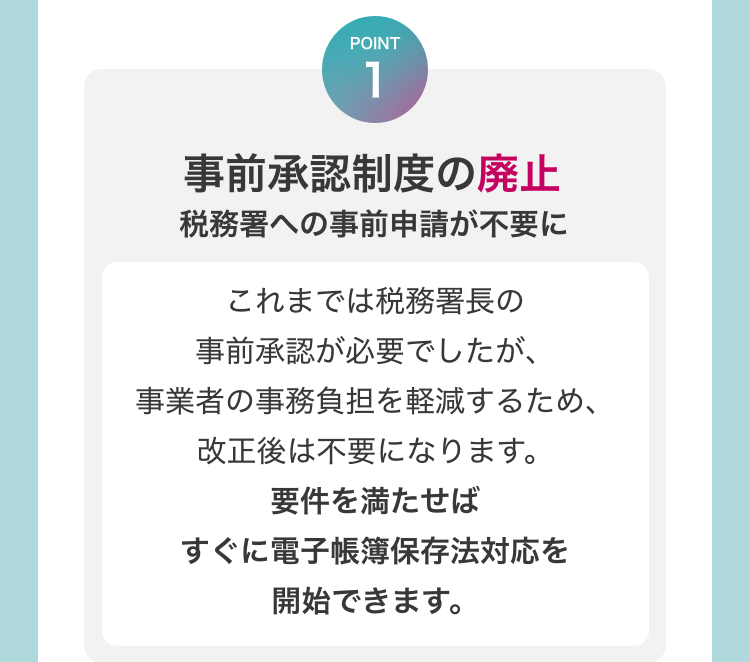 [POINT1　事前承認制度の廃止　税務署への事前申請が不要に]　これまでは税務署長の事前承認が必要でしたが、事業者の事務負担を軽減するため、改正後は不要になります。要件を満たせばすぐに電子帳簿保存法対応を開始できます。